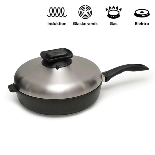 TREND Royal Hochrandpfanne TR228 aus Aluguss mit wiederbeschichtbarer Antihaftbeschichtung und PIDI Flott Heißluftdeckel – ideal zum Braten, Schmoren und Heißluftgaren – erhältlich bei Trend Products
