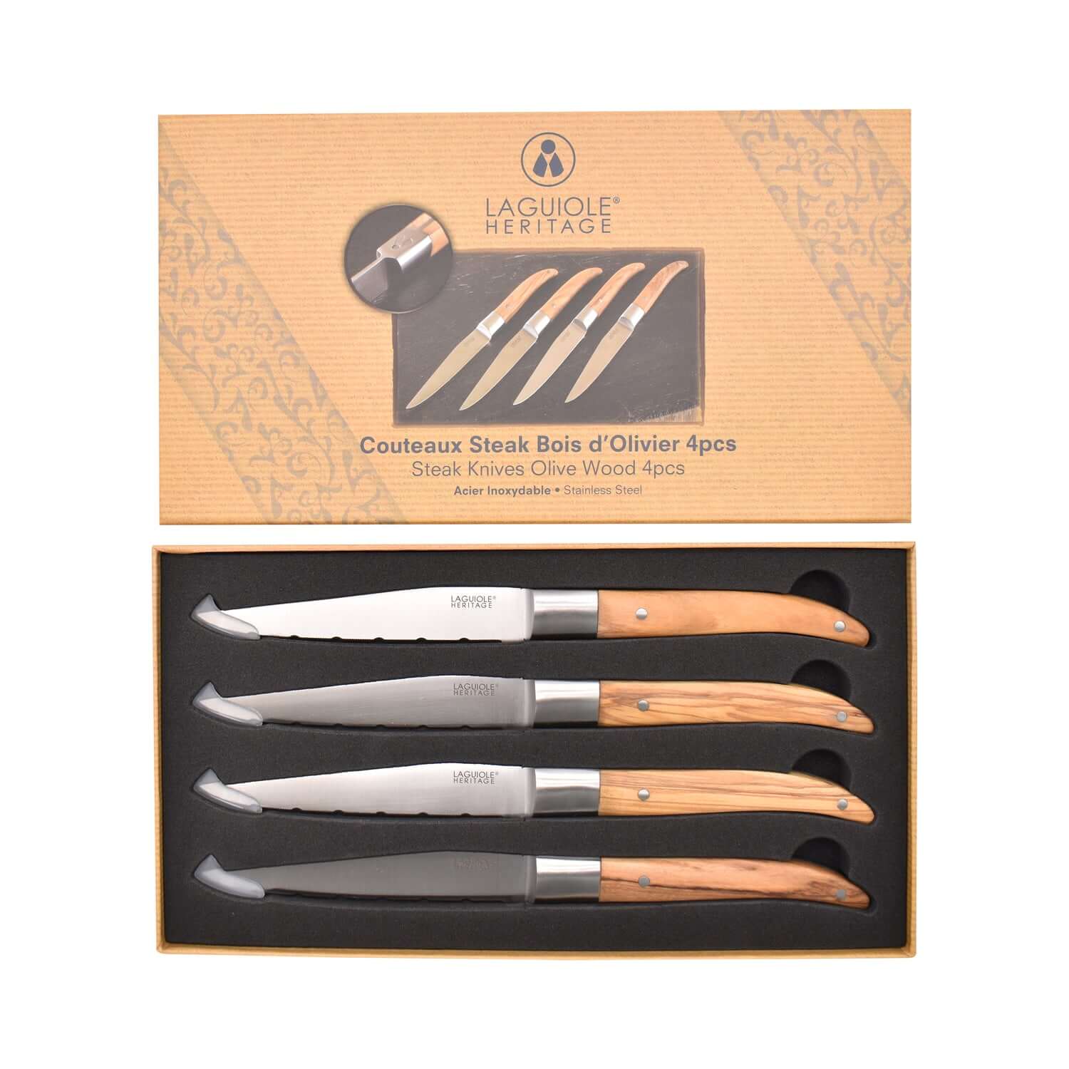 Laguiole Steakmesser 4er Set mit edlen Olivenholz-Griffen im französischen Design – exklusiv bei TREND Products kaufen.